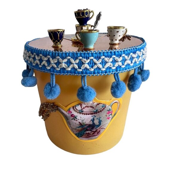 Tea Time Yellow Whimsical Decorative Container Tea Bag Caddy Storage Gift - Picture 1 of 10